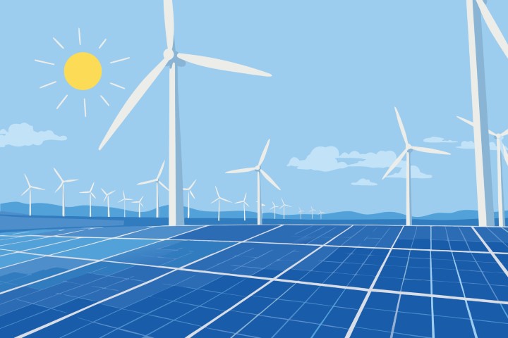 Large solar panel array under a bright sun with wind turbines.