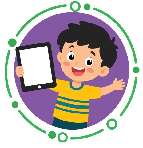 Smiling young boy holding a blank screen tablet computer.