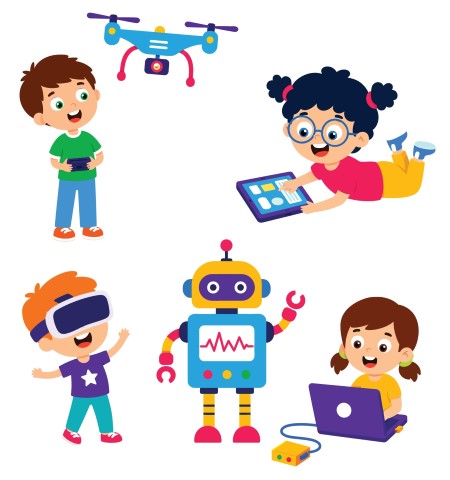 Curious youth engaging with advanced digital technology smart robot drone and virtual reality headset.