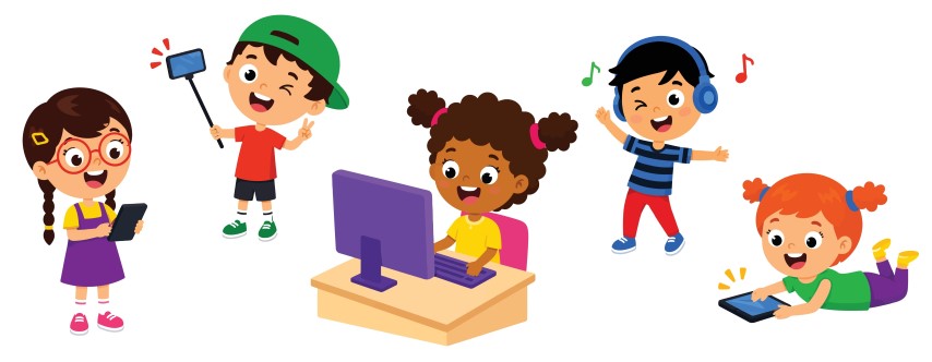 Diverse group of modern kids using different electronic gadgets and technology.