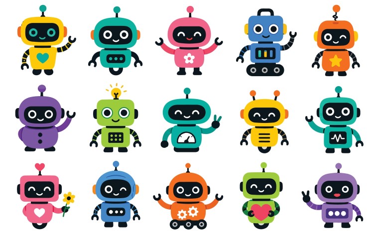 Colorful robot collection with various expressions and body types.