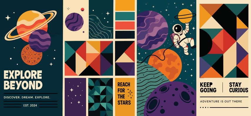 Space exploration and galaxy themed collage.