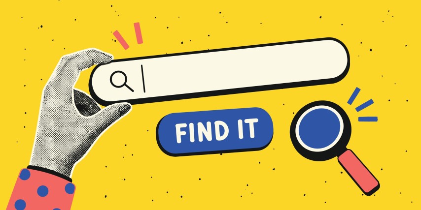 Search bar and magnifier icon set on a yellow background.