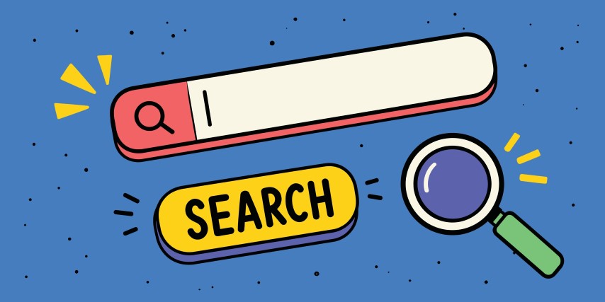 Search bar and magnifying glass concept on blue background.