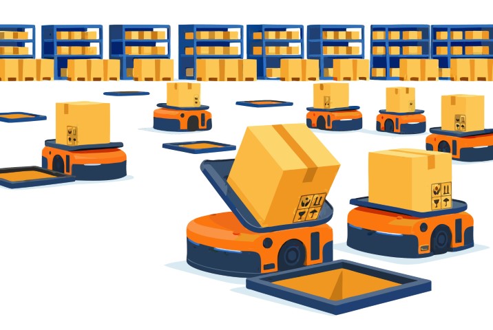 Automated industrial warehouse featuring smart orange robots moving packages with precision.