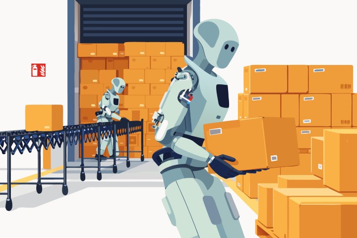 Robotic arm carefully picks and packs boxes on a fast moving conveyor belt.