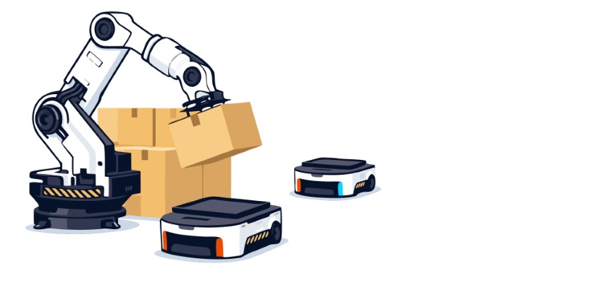 Robotic arms and small mobile units organize cargo in a shipping hub.