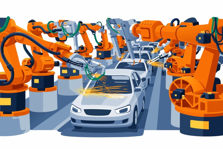 Automated assembly line where robots manufacture a modern car.