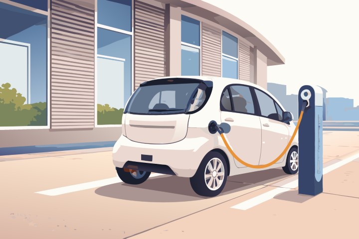 Electric vehicle parked at a charging point in a modern urban area.