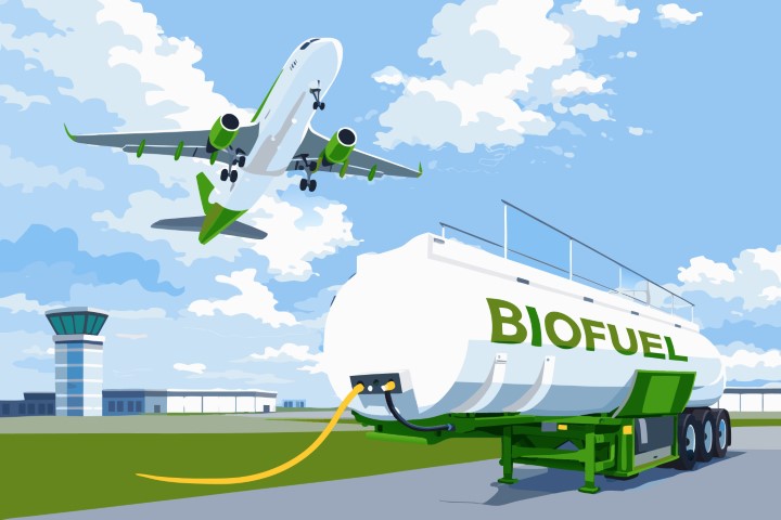 Aviation fuel tanker delivering biofuel to an airplane at the airport.