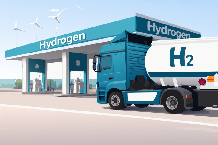 Hydrogen powered truck refueling at a modern clean energy station.