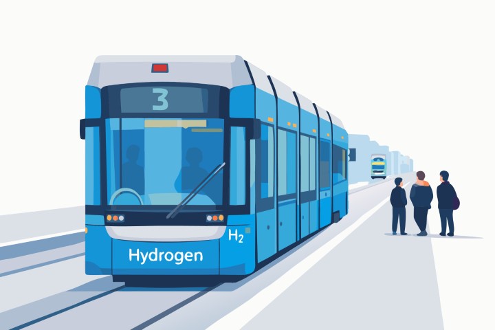 Modern blue tram transporting passengers through a bright city street.