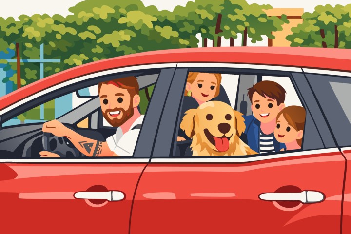 A family waving from their red car during a fun road trip.