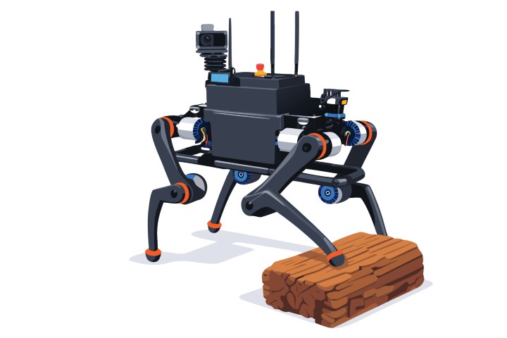 Four legged robotic dog carrying a piece of wood in a laboratory environment.