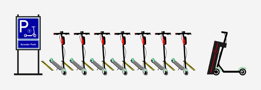 Electric scooter, parking and charging station. Vector.