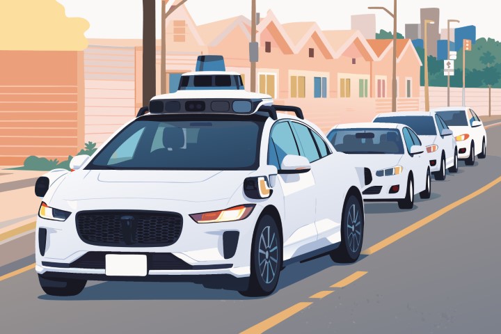 White passenger cars with autonomous driving technology moving through city traffic by following each other.