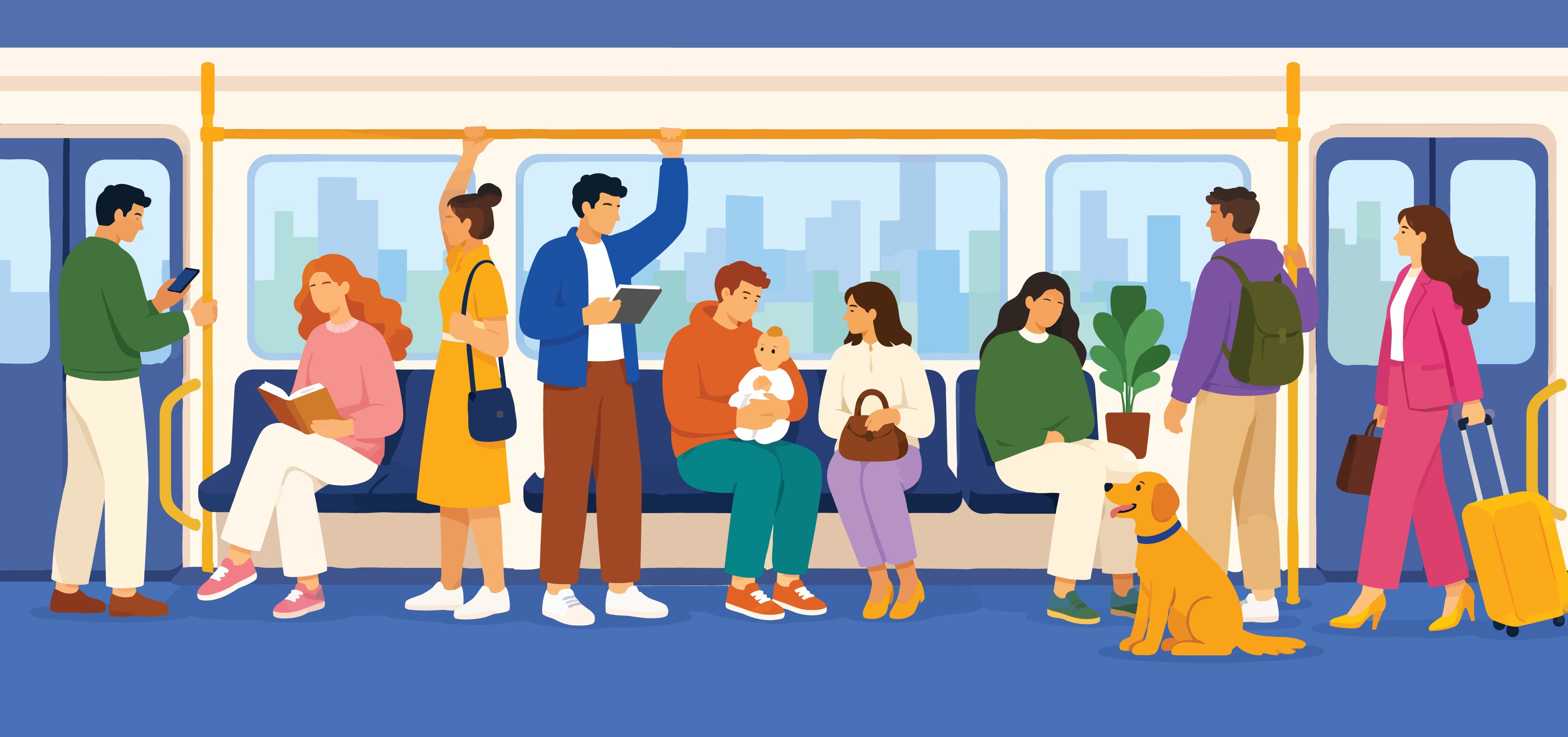Diverse Passengers Commuting Together on a Modern City Subway Train.