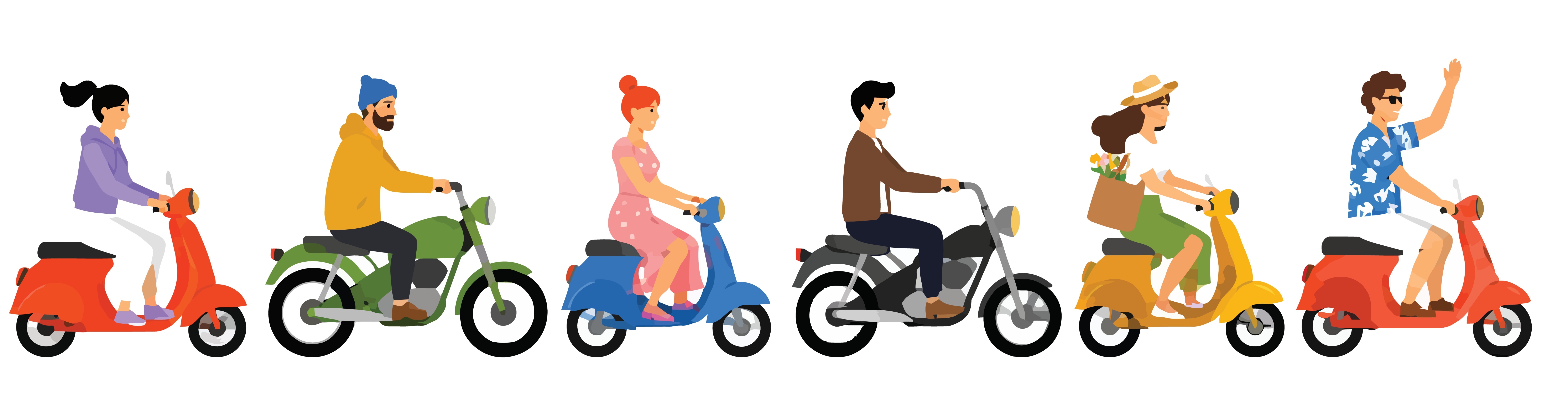 Group of People Riding Various Motorcycles and Scooters on an Open Road.