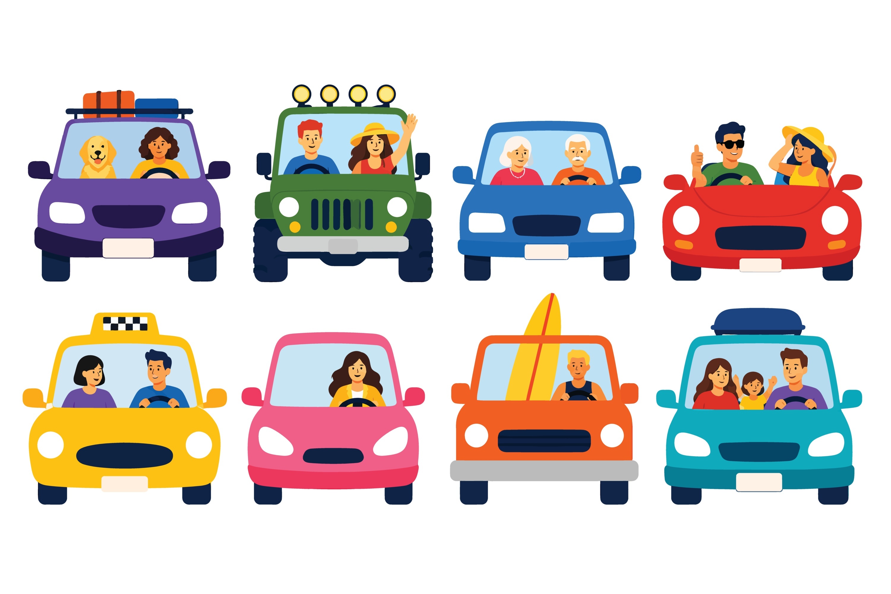 Various Families and Individuals Driving Different Colorful Cars Viewed From the Front.