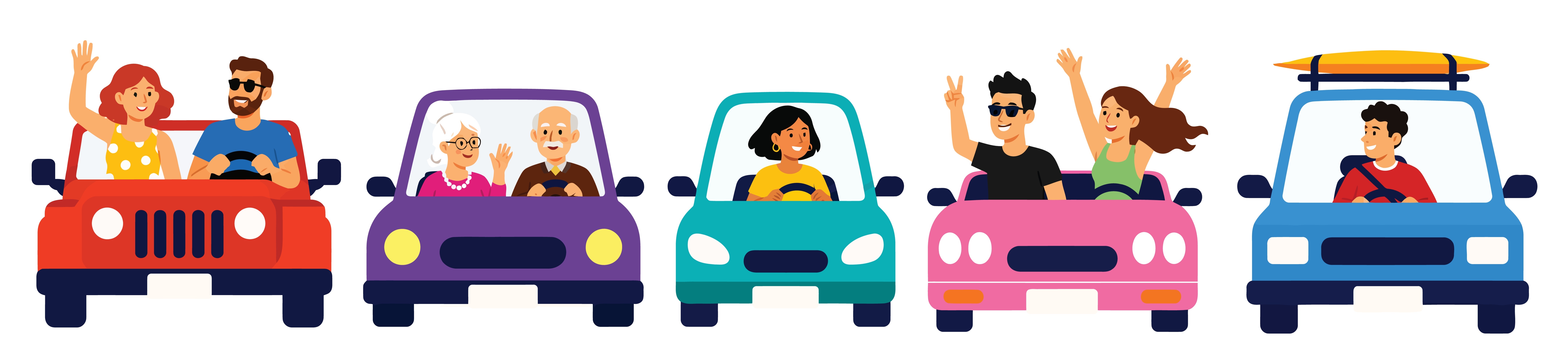 Happy families and couples enjoying road trips in colorful cars viewed from the front.
