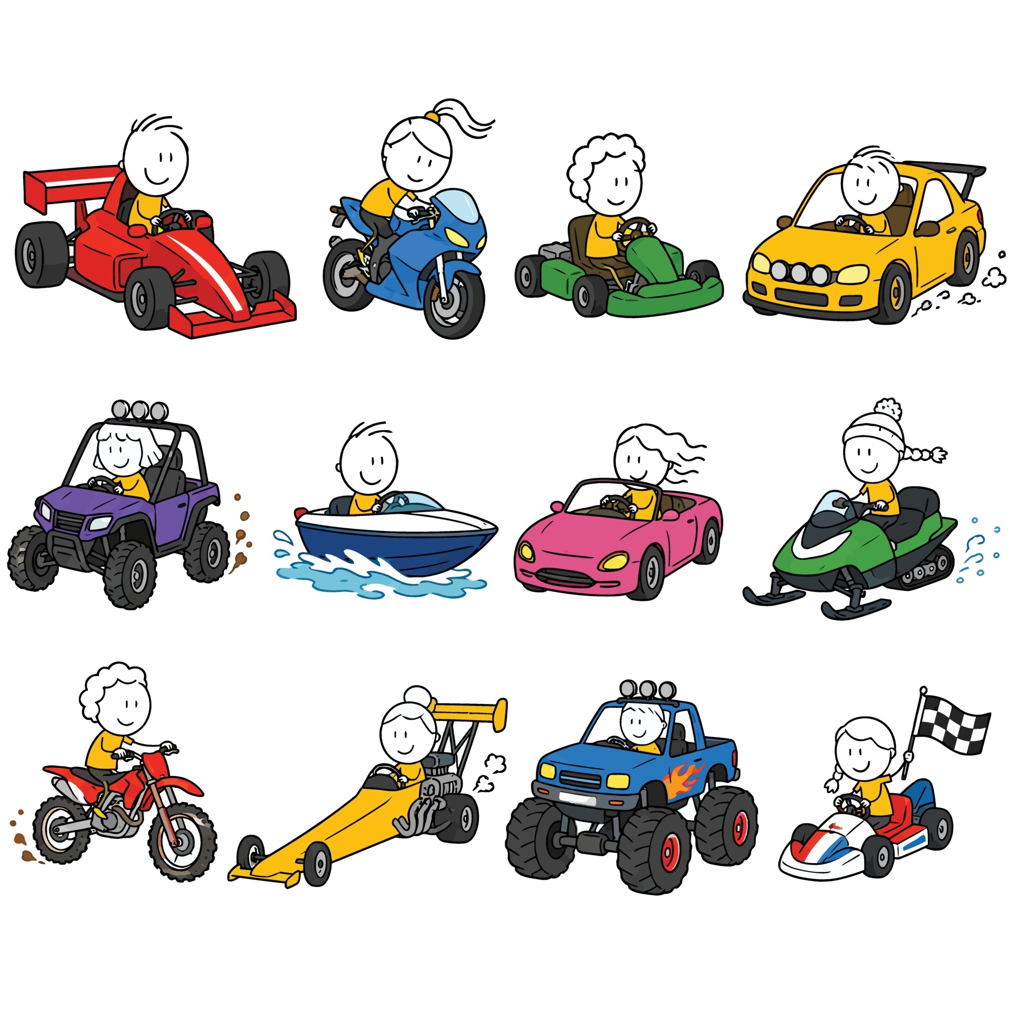 Collection of people riding various motorized vehicles and racing machines at high speed.
