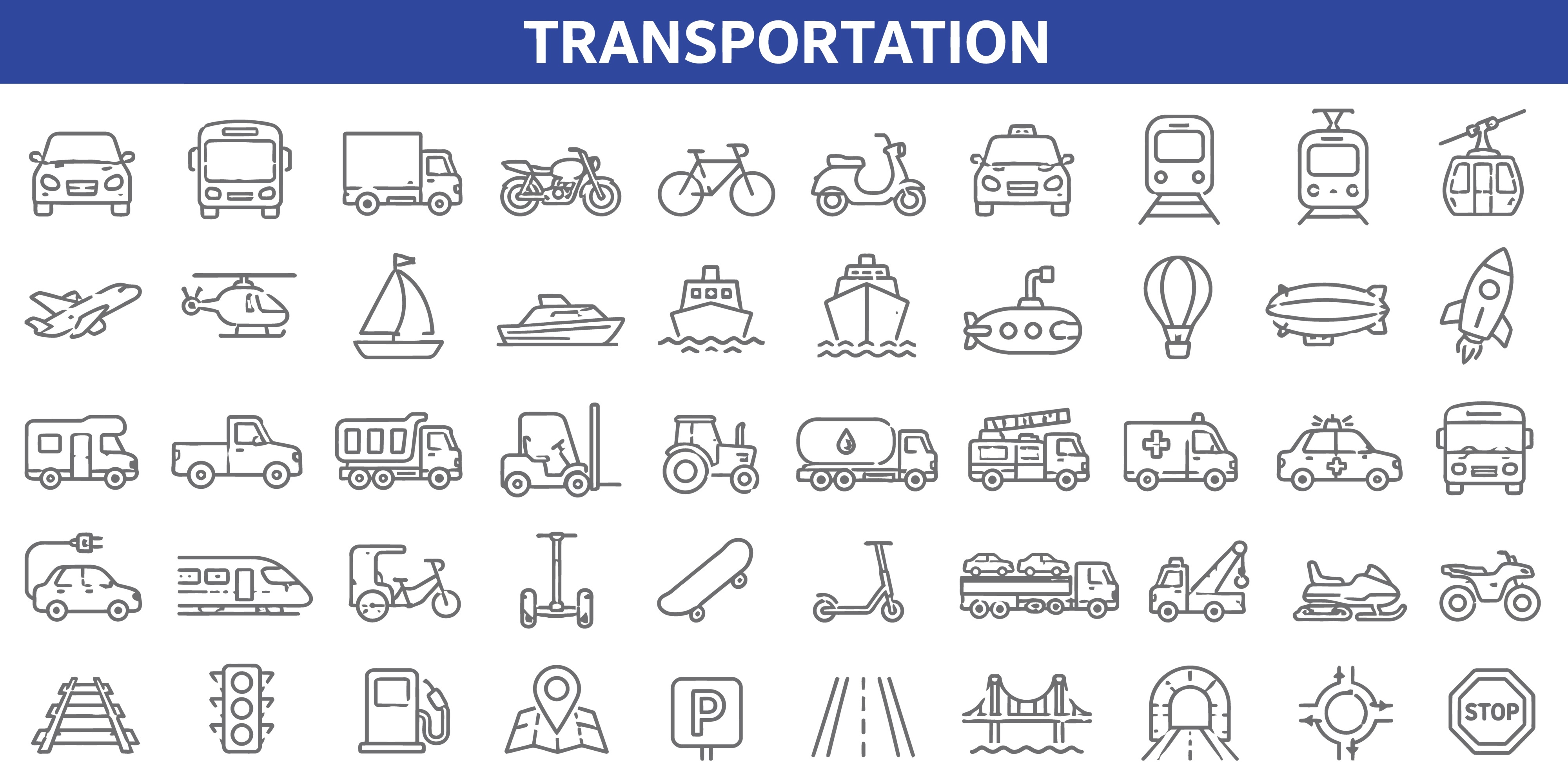 Transportation vehicles and mobility systems icon set.