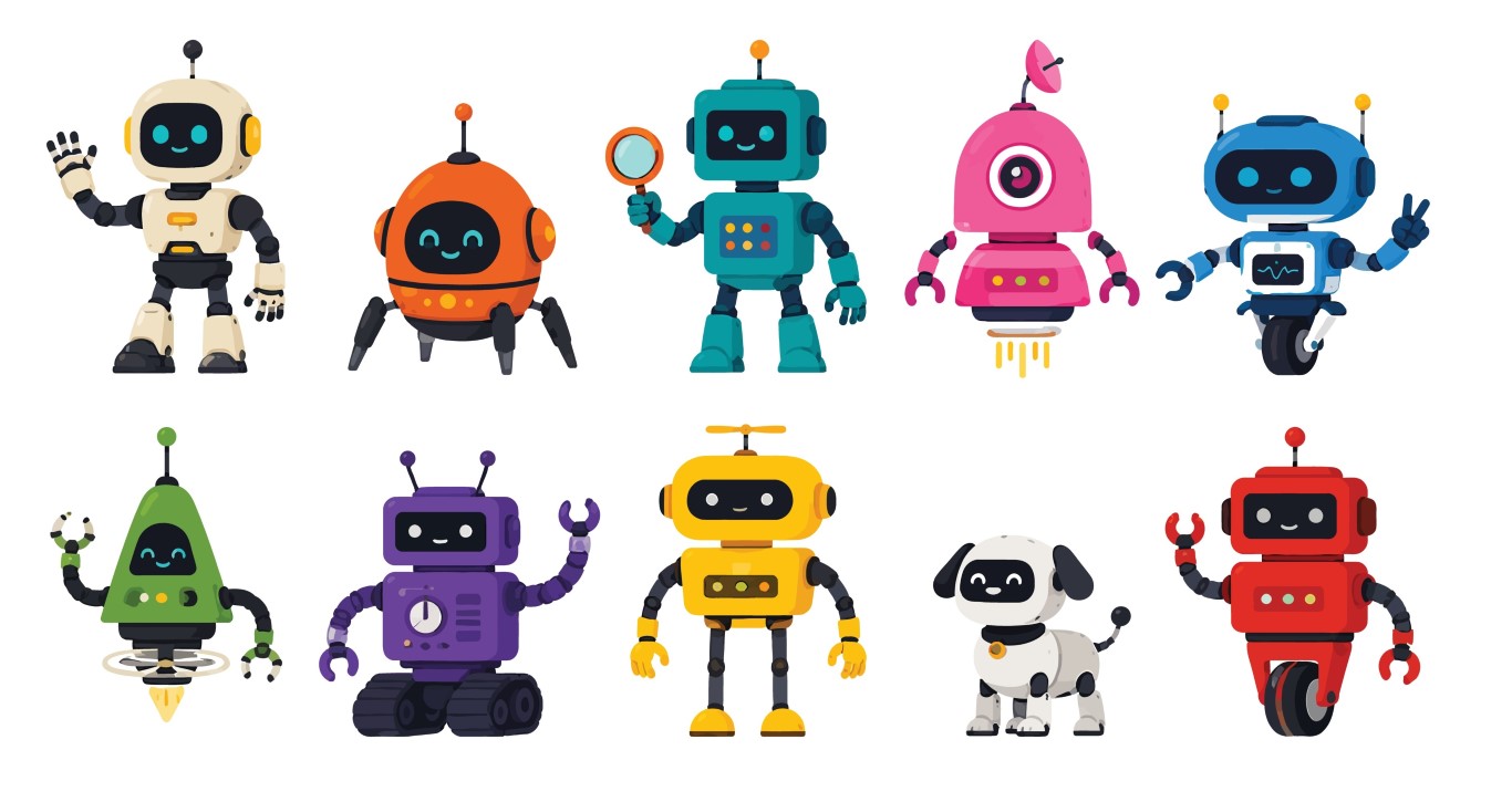 Collection of Colorful Friendly Cartoon Robots and Mechanical Animals of Various Designs.