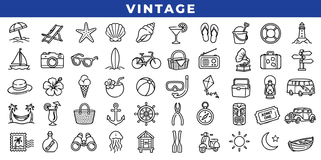Vintage summer beach holiday and marine travel icon web vector collection.
