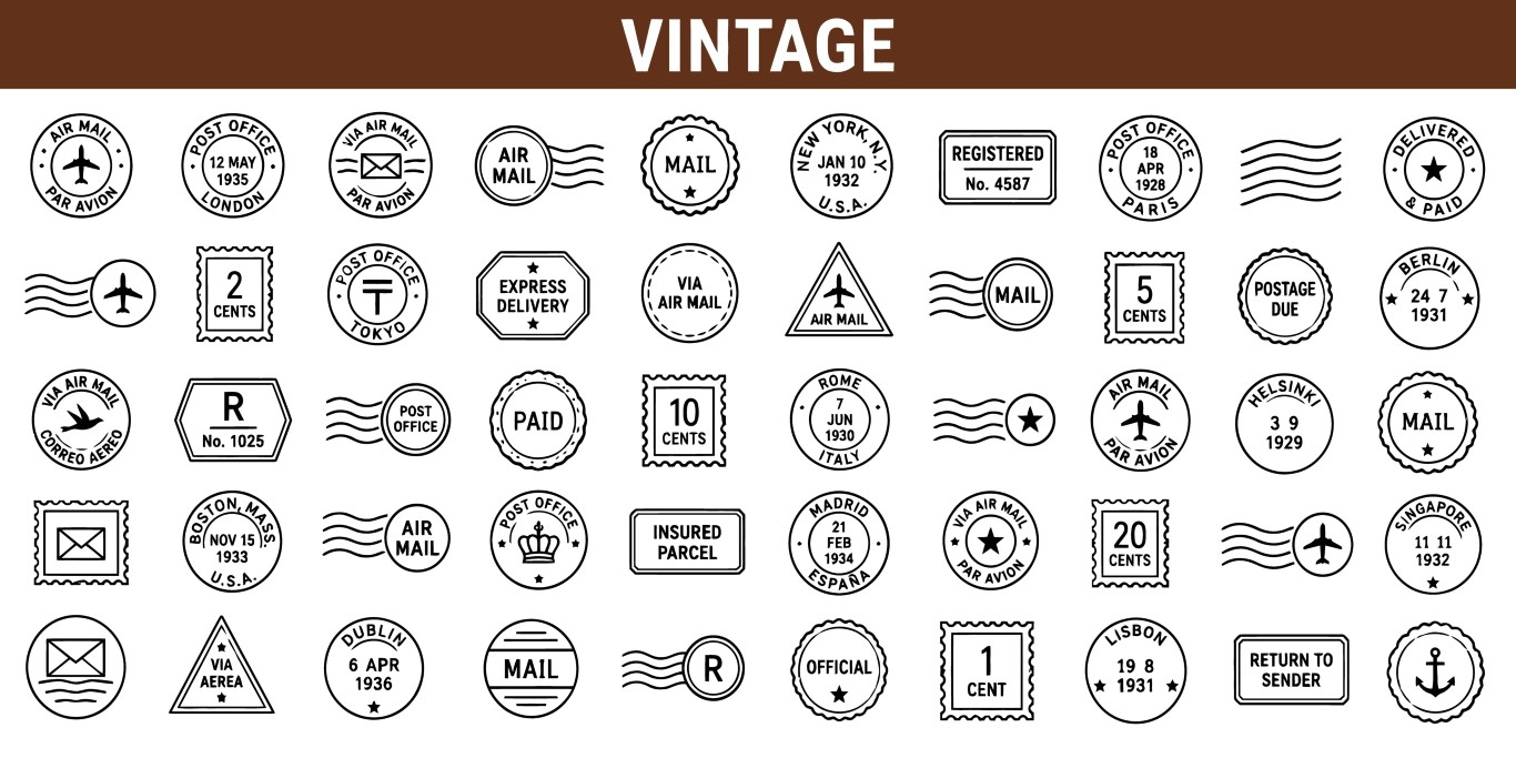 Vintage postmarks and postage mail stamps icon collection.