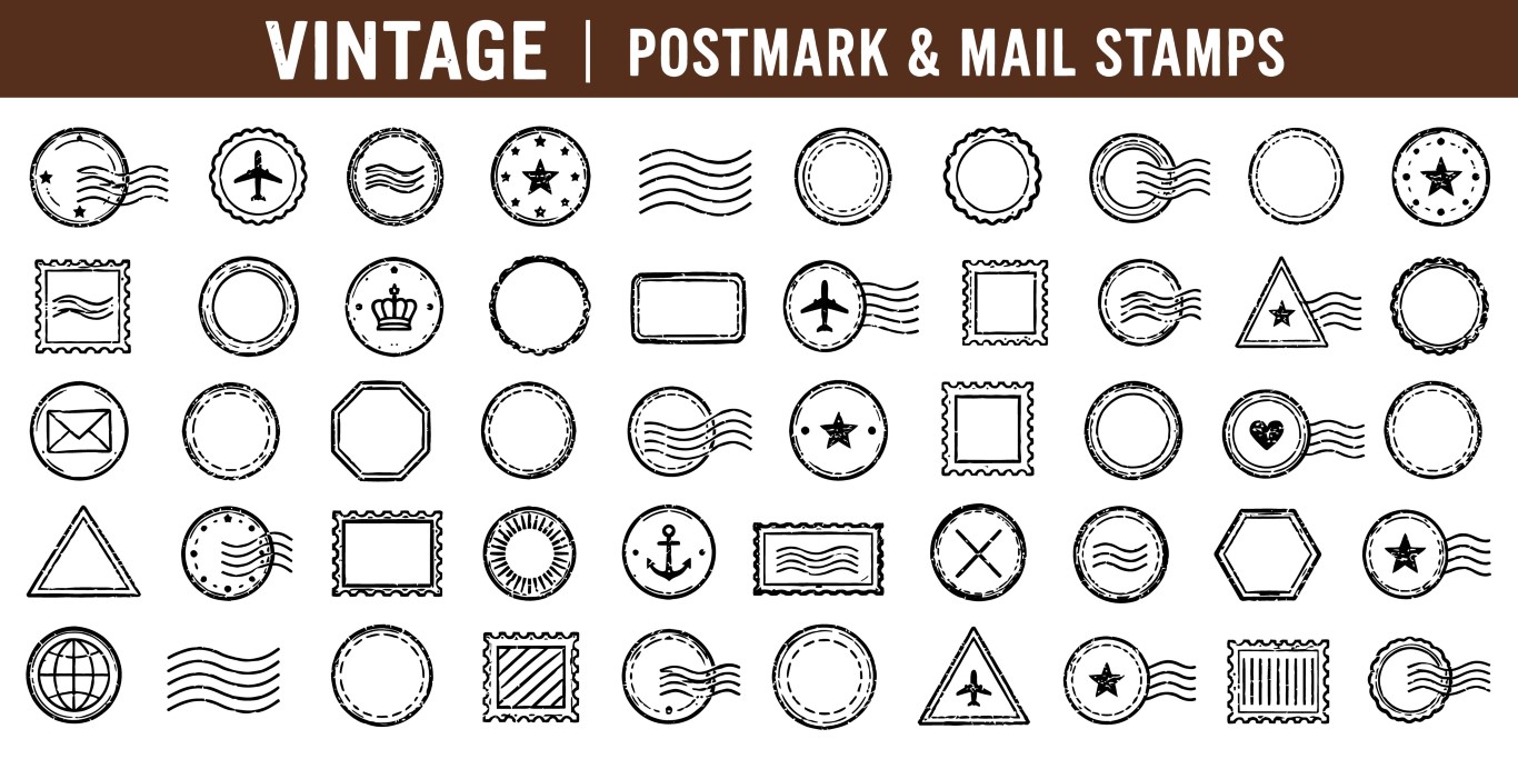 Vintage postmark and mail stamps grunge line icon set collection.