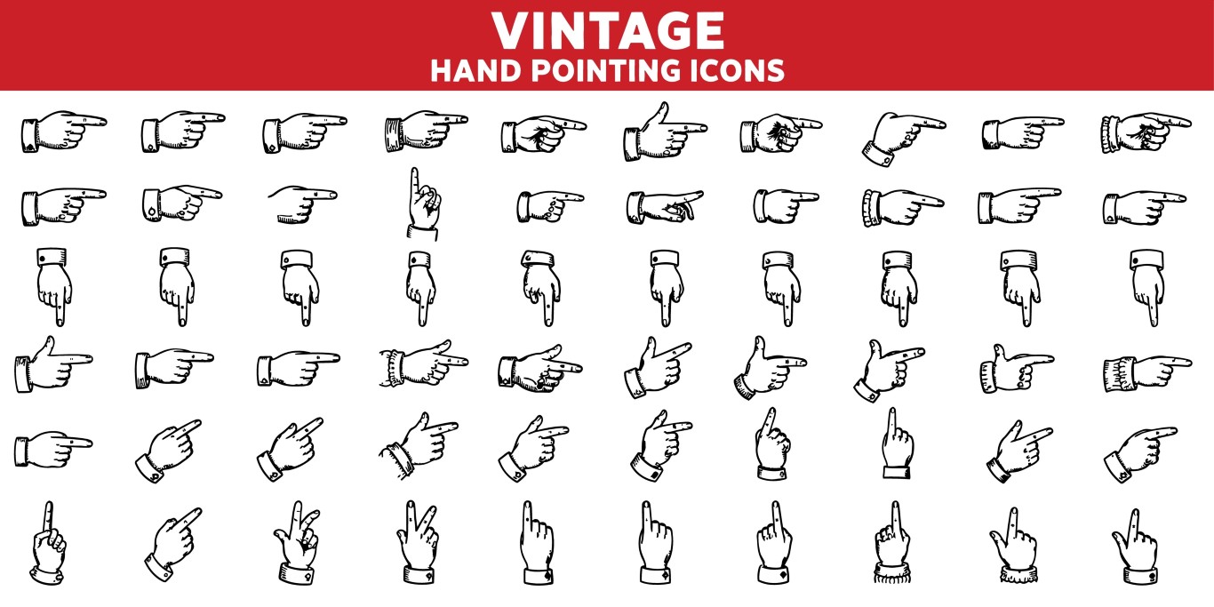 Vintage hand pointing icons set collection.