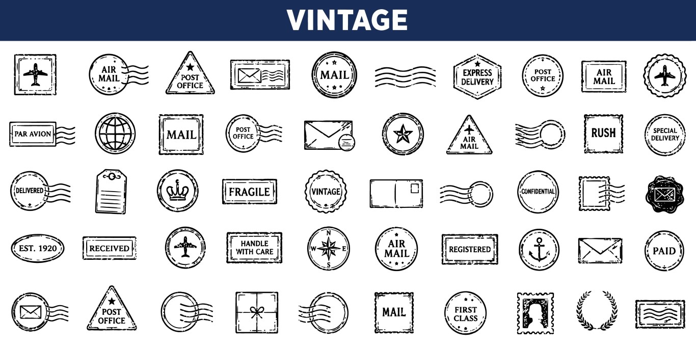 Vintage grunge postal stamps and old mail tracking mark icons set collection.