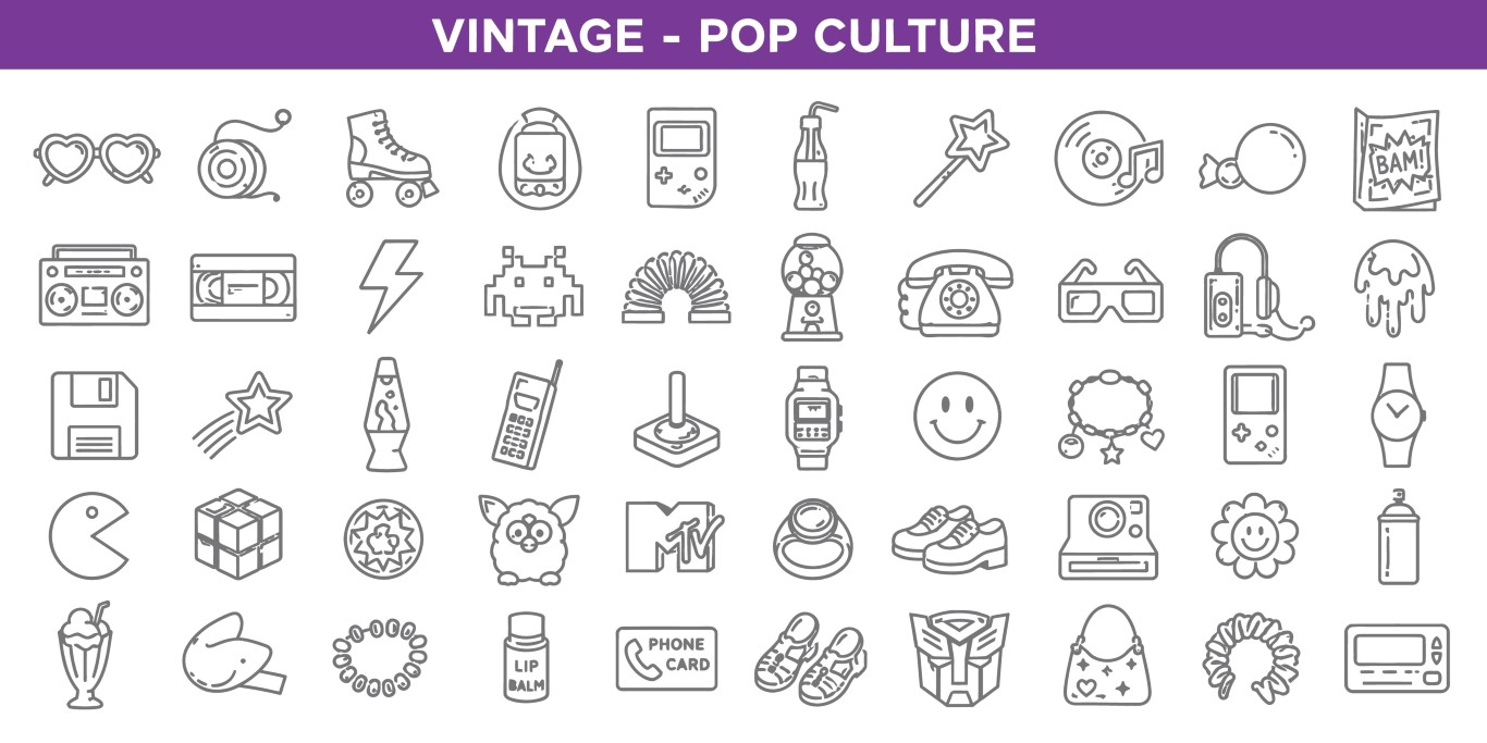 Vintage pop culture nostalgic retro items line icon collection.
