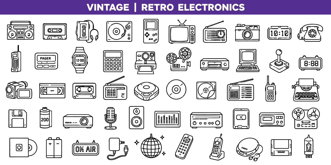 Vintage retro electronics and old multimedia devices icons set collection.
