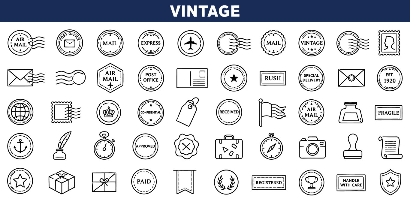 Vintage postal service stamps and classic mail delivery icon collection.