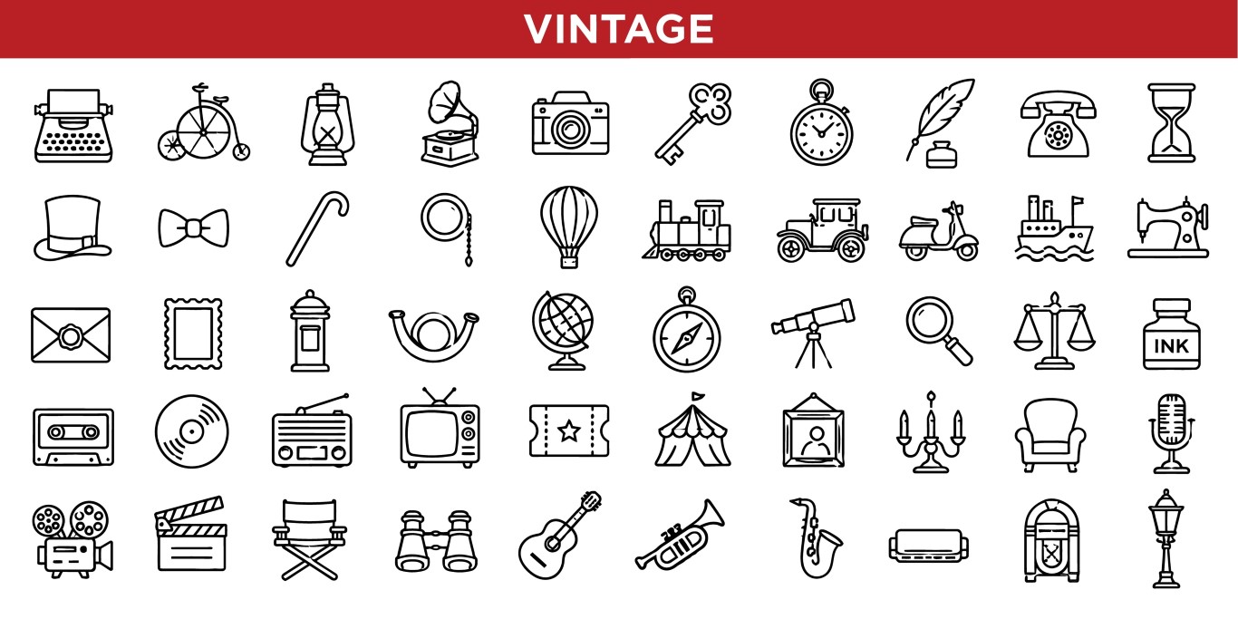 Vintage antique objects and retro lifestyle line icons set collection.
