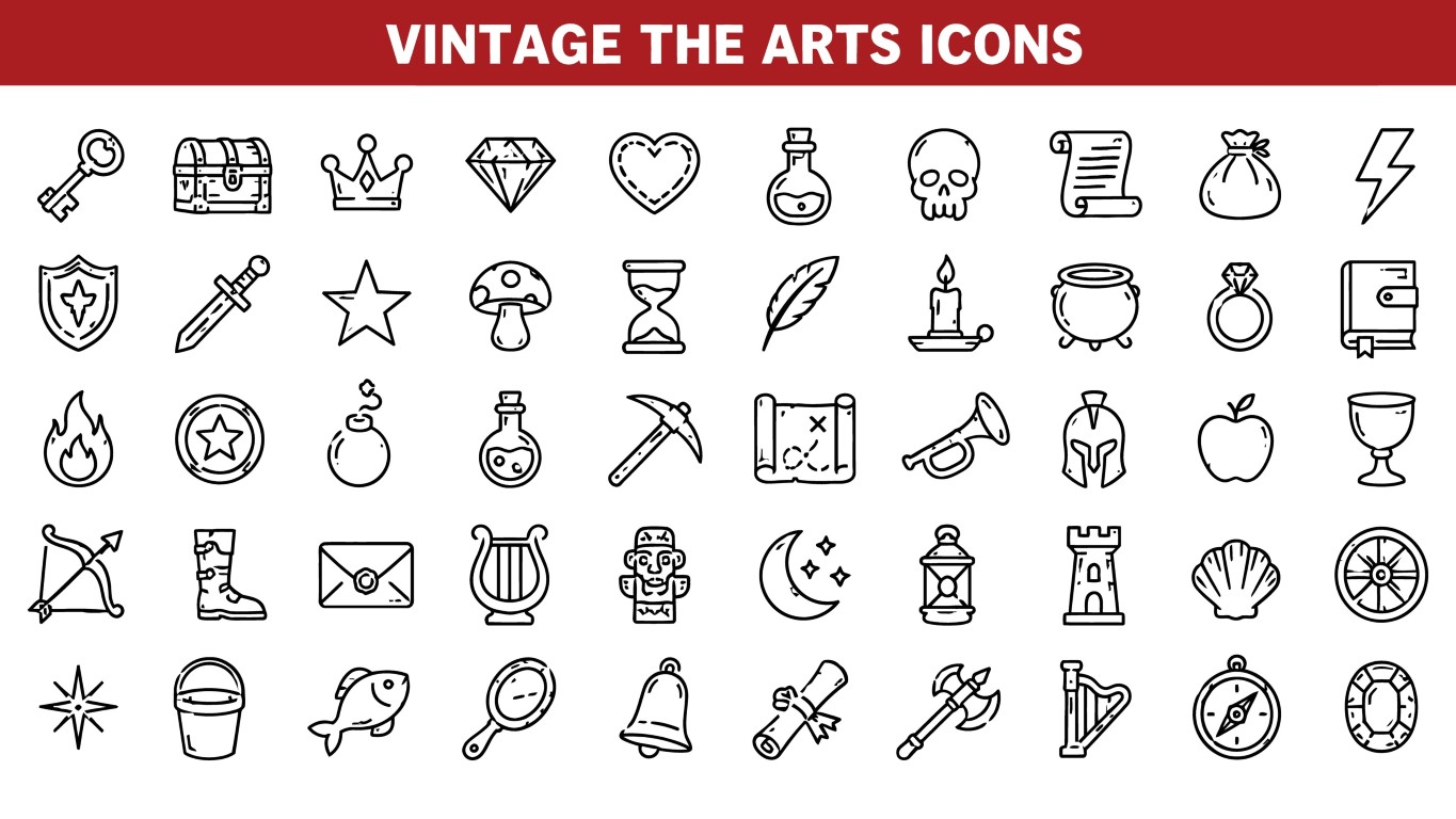 Vintage historical objects and medieval gaming line icons set collection.