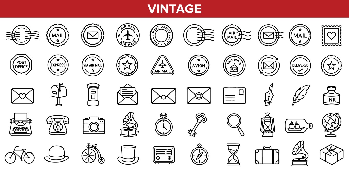 Vintage post office and traditional mail delivery icon collection.