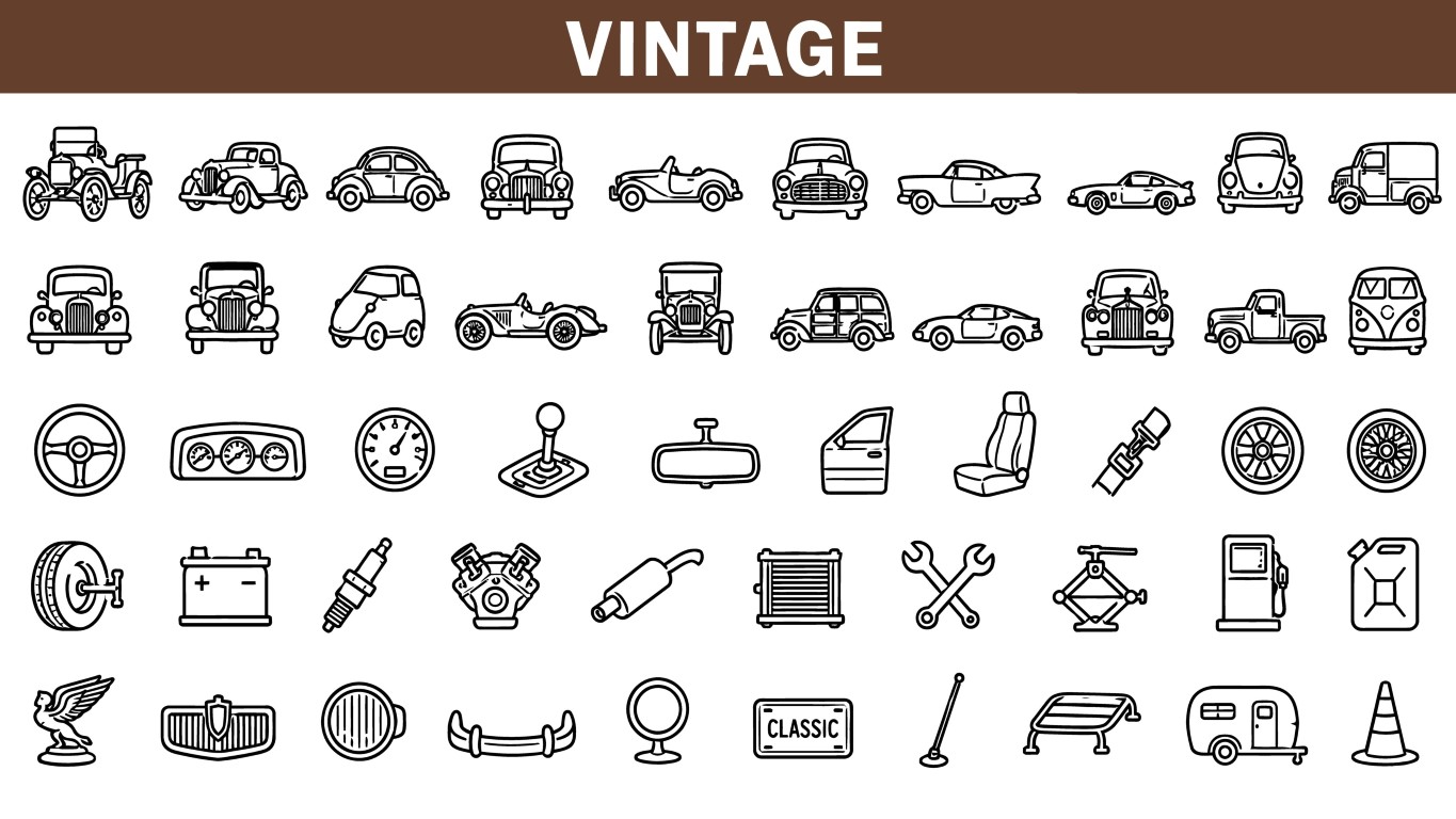 Vintage automobile retro cars and mechanical spare parts icon set collection eps10.