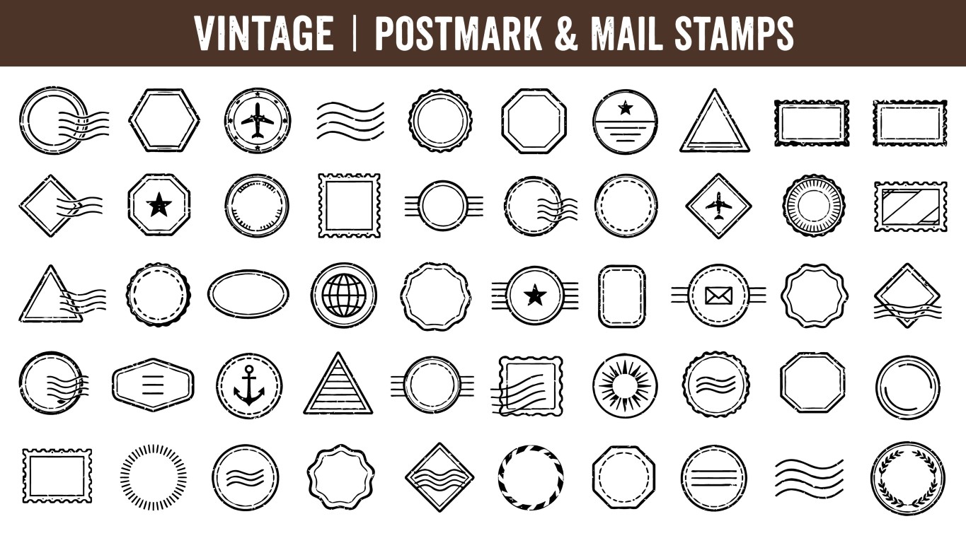 Vintage postmark and mail stamps icon web vector collection for classic parcel shipping decoration.