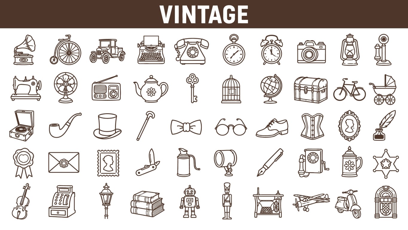 Vintage historical items and antique collectibles line icon collection.